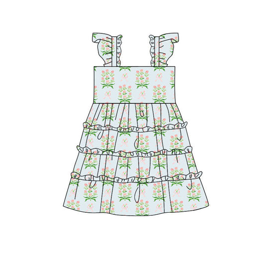 Preorder(moq 5) Baby Girls Pink Flowers Bows Patchwork Knee Length Dresses