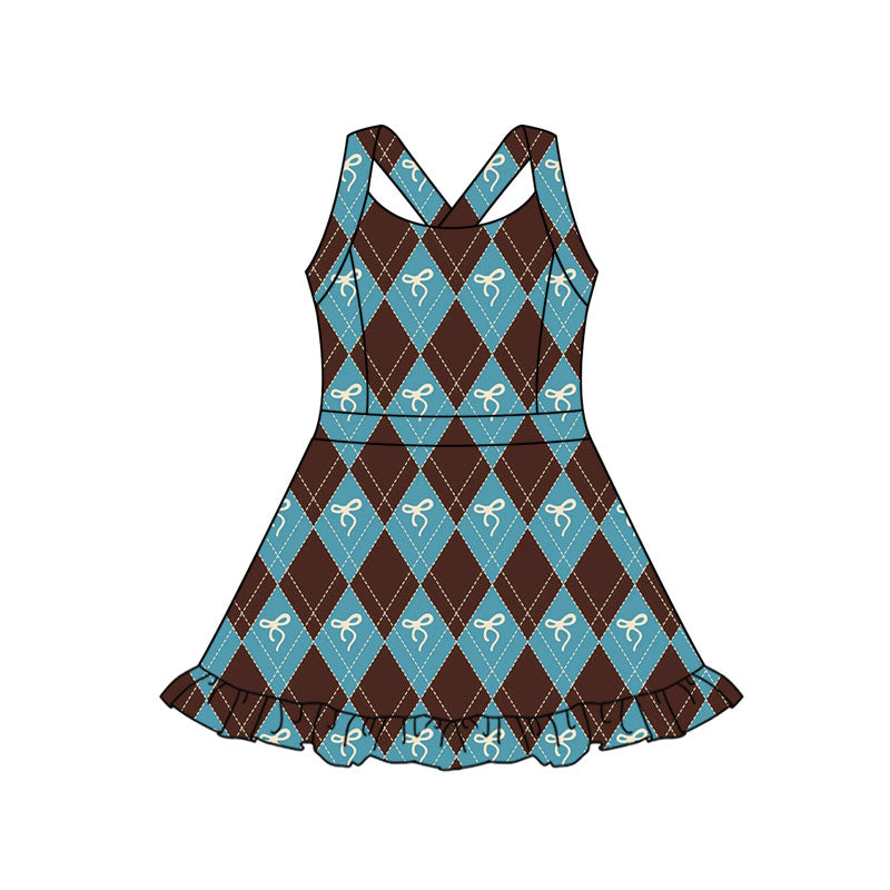 Preorder(moq 5) Baby Girls Brown Blue Checked Bows Ruffle Shorts Knee Length Dresses