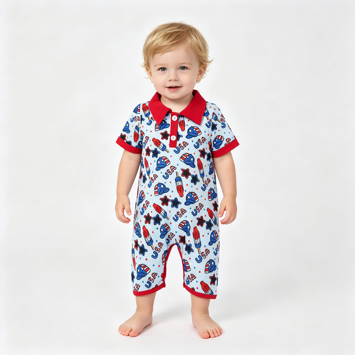 Baby Boys Short Sleeve USA Popsicle Stars 4th of July Button Rompers