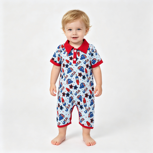 Baby Boys Short Sleeve USA Popsicle Stars 4th of July Button Rompers