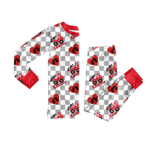 Preorder (moq 20)Baby Girls Bamboo Grey Checked Hearts Trucks Valentine Pajamas Sets