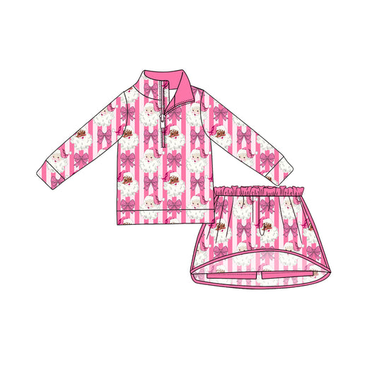 Preorder (moq 5)Baby Girls Santa Bows Stripe Zip Pullovers Top Skirt Short Christmas Clothes Set