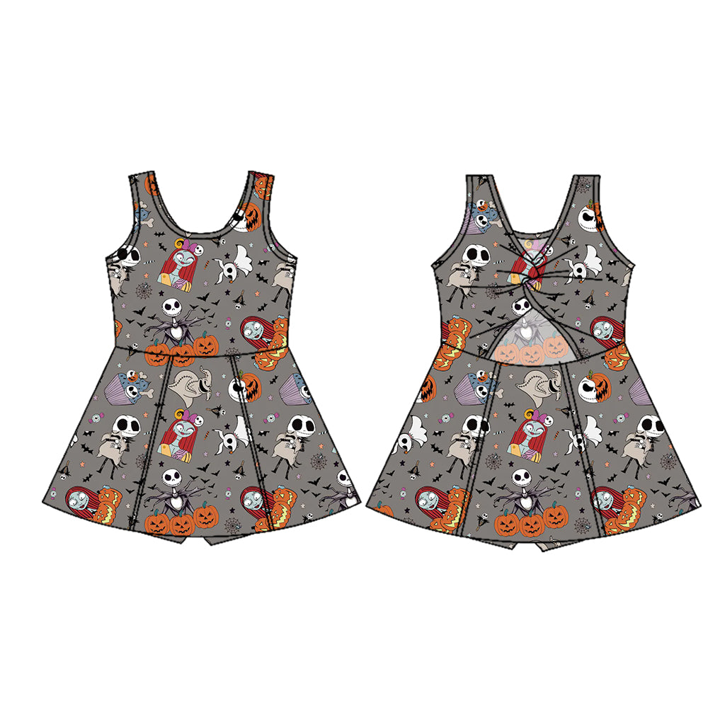 Preorder (moq 5)Baby Girls Sleeveless Cartoon Skull Ghost Shorts Knee Length Dresses