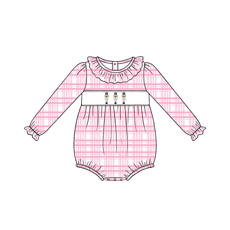 Preorder (moq 5)Baby Girls Soldiers Pink Checked Christmas Ruffle Rompers