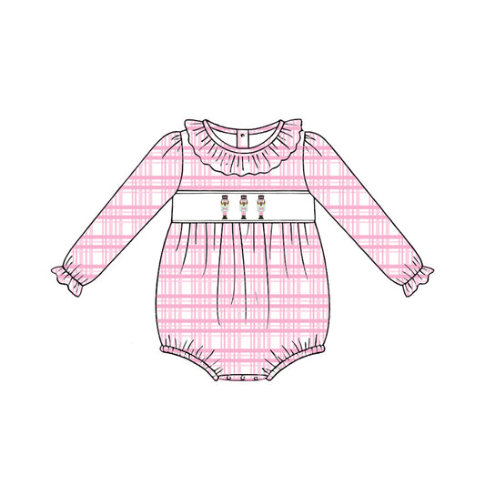 Preorder (moq 5)Baby Girls Soldiers Pink Checked Christmas Ruffle Rompers