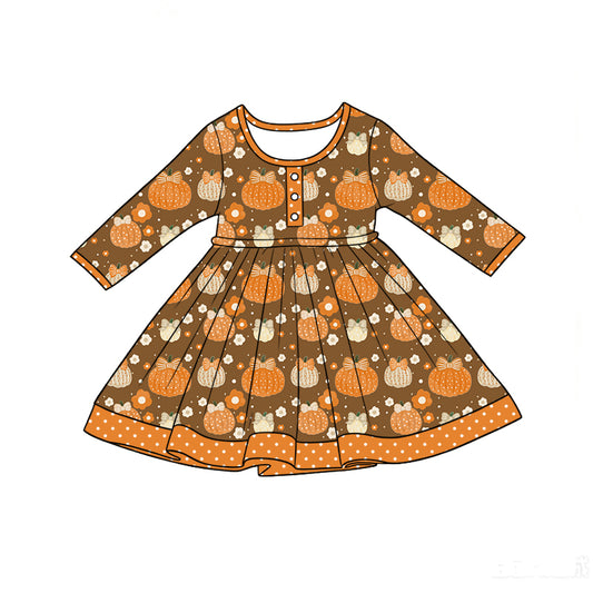 Preorder (moq 5)Baby Girls Bows Pumpkins Fall Button Knee Length Dresses