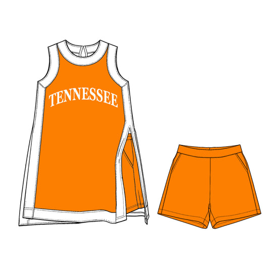 Preorder moq 5 Baby Girls White Orange Tennessee Split Tunic Pockets Short Team Clothes Sets
