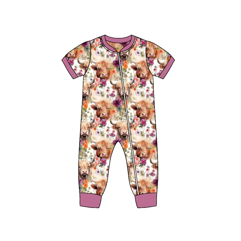 Baby Infant Girls Highand Cow Flowers Zip Short Sleeve Rompers preorder(moq 5)