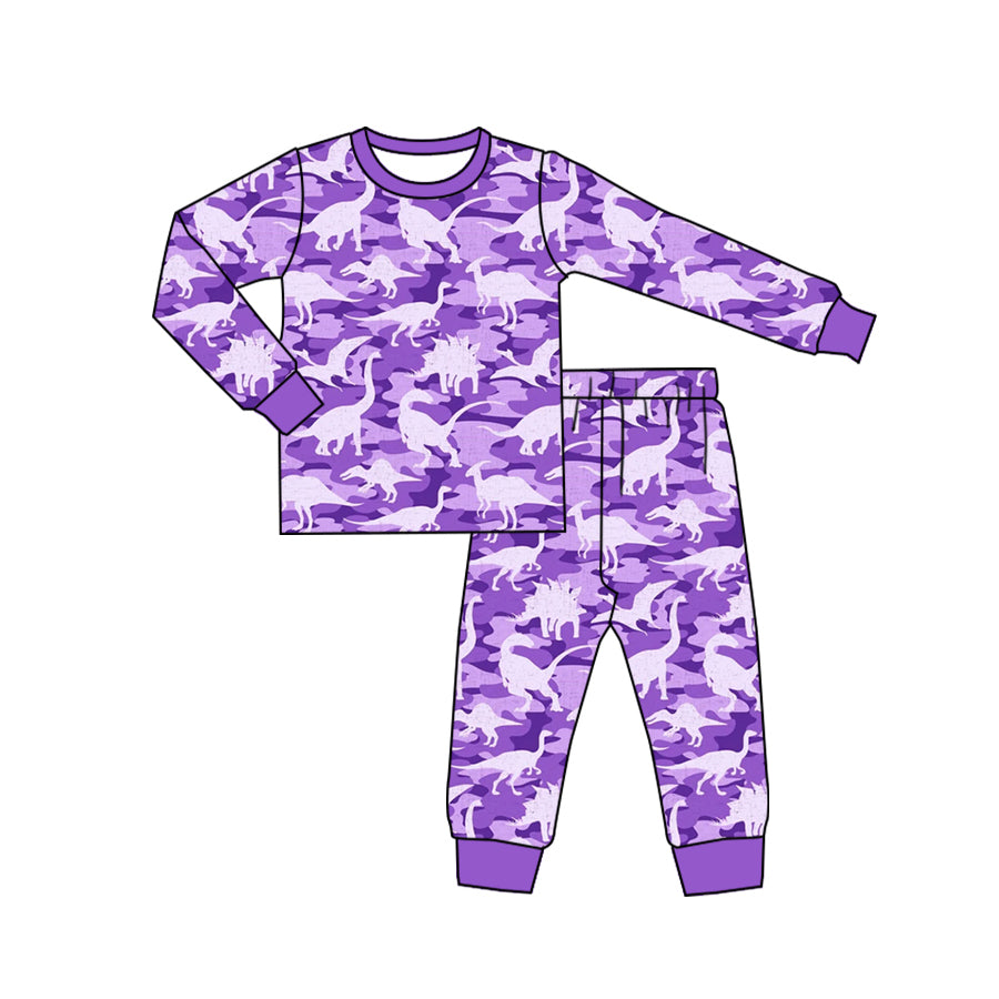 Baby Girls Purple Camo Dinosaurs Bamboo Top Pants Pajamas Clothes Sets Preorder(moq 5)