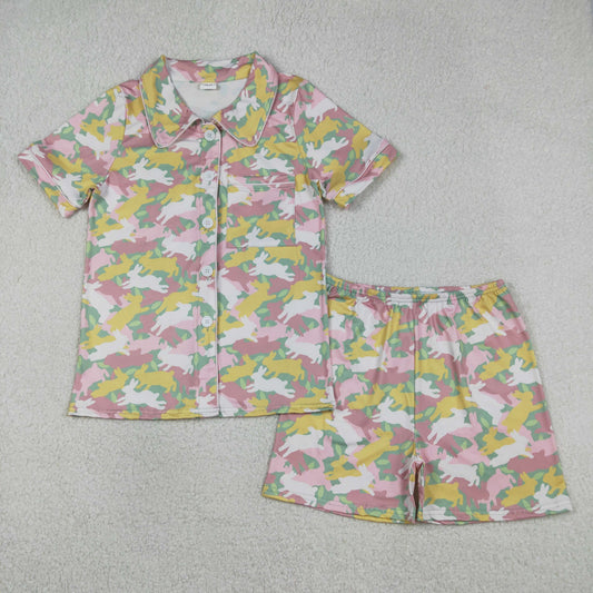 Adult Women Rabbits Camo Button Pocket Top Shorts Easter Pajamas Set