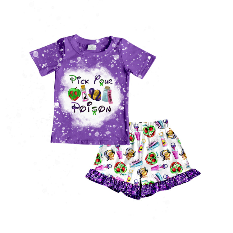 Baby Girls Pick Cartoon Shirt Purple Shorts Clothing Sets Preorder(moq 5)