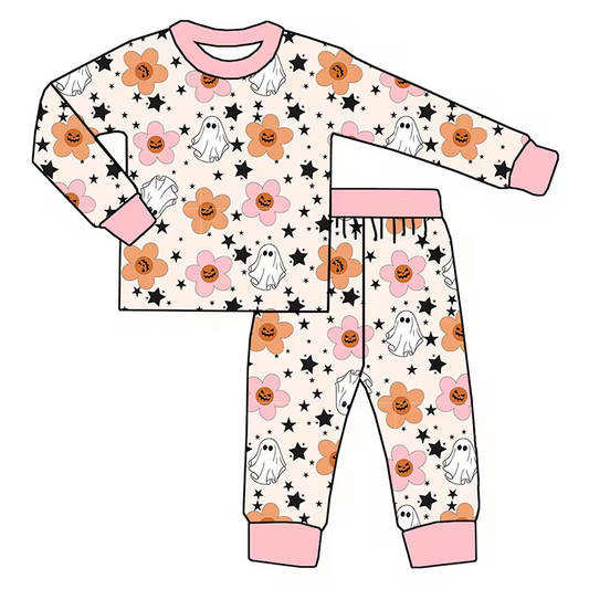 Baby Girls Bamboo Halloween Ghost Flowers Shirt Pants Pajamas Clothes Sets Preorder(moq 5)