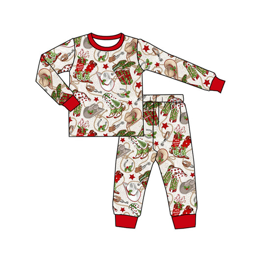 Baby Boys Western Christmas Boots Red Top Pants Pajamas Clothes Sets preorder(MOQ 5)