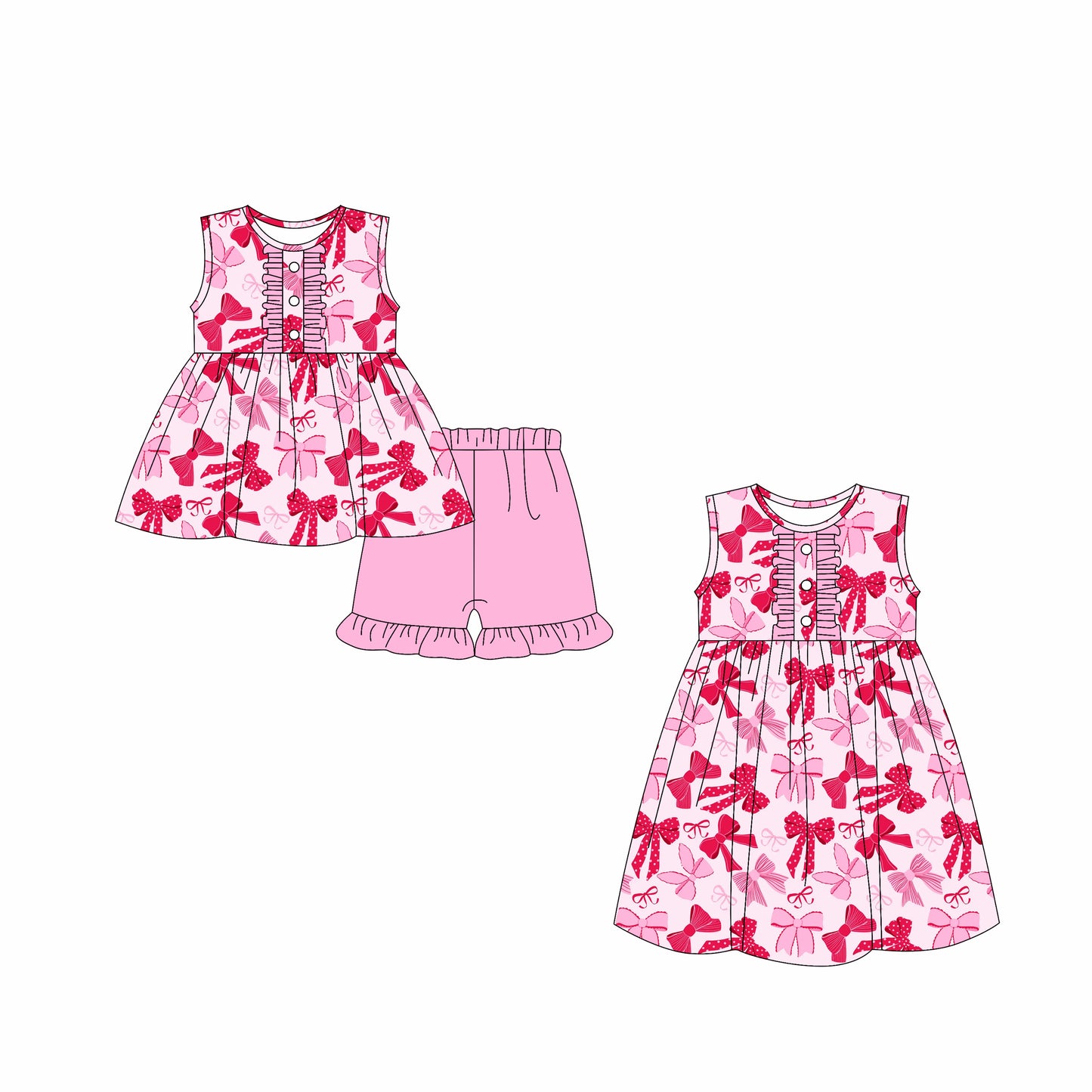 Preorder moq 5 Custom Baby Girls Button Pink Polka Dots Bows Tunic Ruffle Short Set Knee Length Dresses