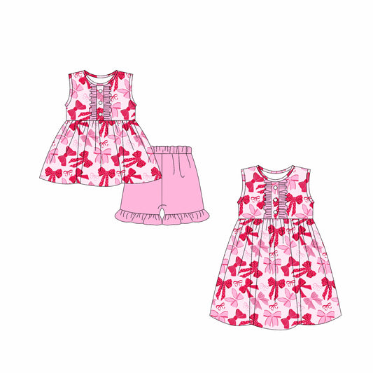 Preorder moq 5 Custom Baby Girls Button Pink Polka Dots Bows Tunic Ruffle Short Set Knee Length Dresses