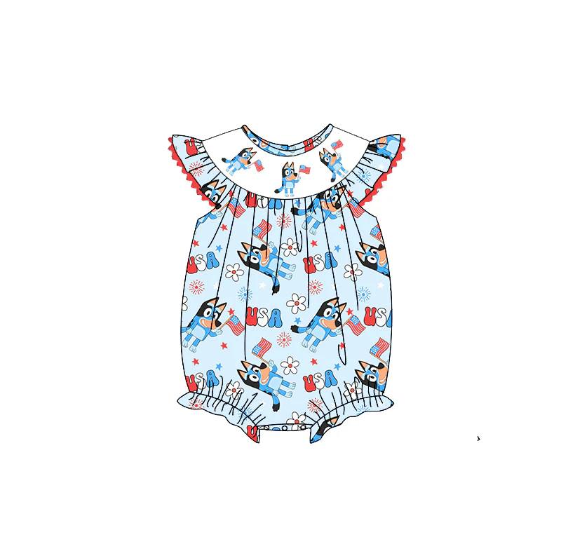 Baby Girls 4th Of July USA Dogs Flutter Sleeve Bubbles Rompers preorder(moq 5)