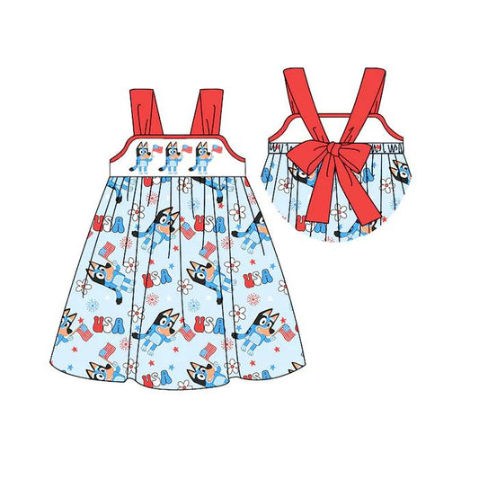 Baby Girls USA Dogs 4th Of July Straps Knee Length Dresses Preorder(moq 5)