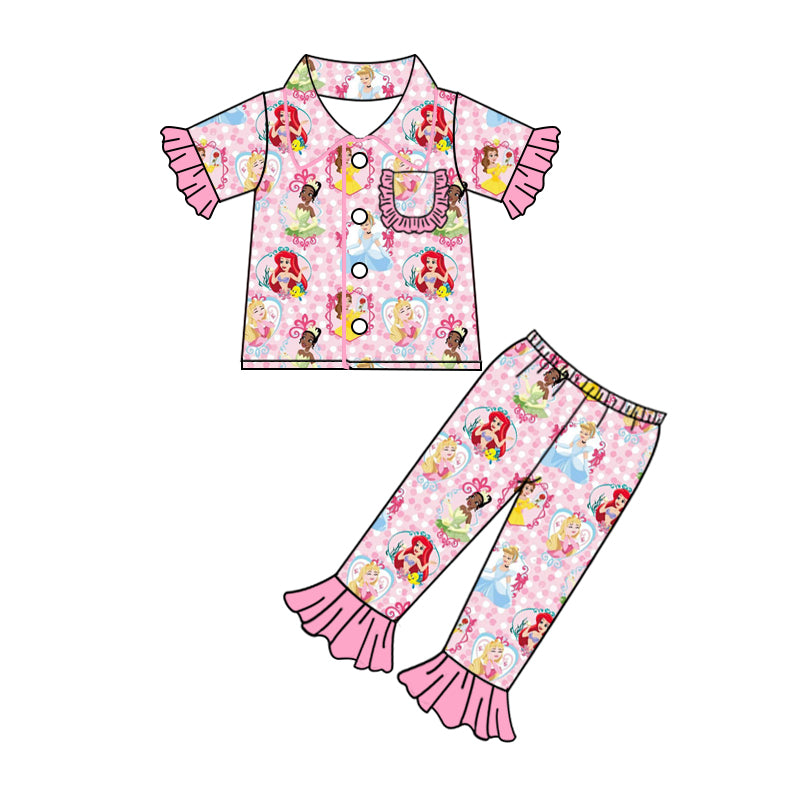 Preorder (moq 5)Baby Girls Pink Polka Dots Princess Pocket Buttons Top Pants Pajamas Clothes Sets