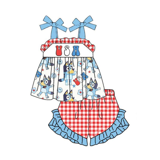 Baby Girls USA Dogs 4th Of July Straps Tunic Ruffle Shorts Clothes Sets Preorder(moq 5)