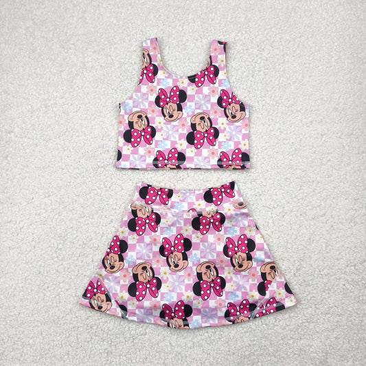 Sibling Baby Girls Sleeveless Pink Plaid Cartoon Mouse Top Skort Yoga Set Knee Length Dress