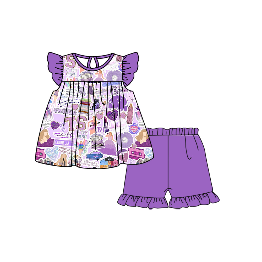 Baby Girls Purple TS Singer Tunic Pearl Top Ruffle Shorts Clothes Sets Preorder(moq 5)