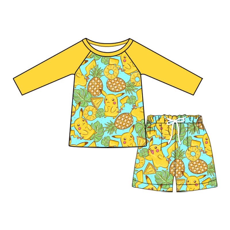 Preorder (moq 5)Baby Boys Cartoon Cat Pineapple Long Sleeve Top Two Pieces Swimsuits