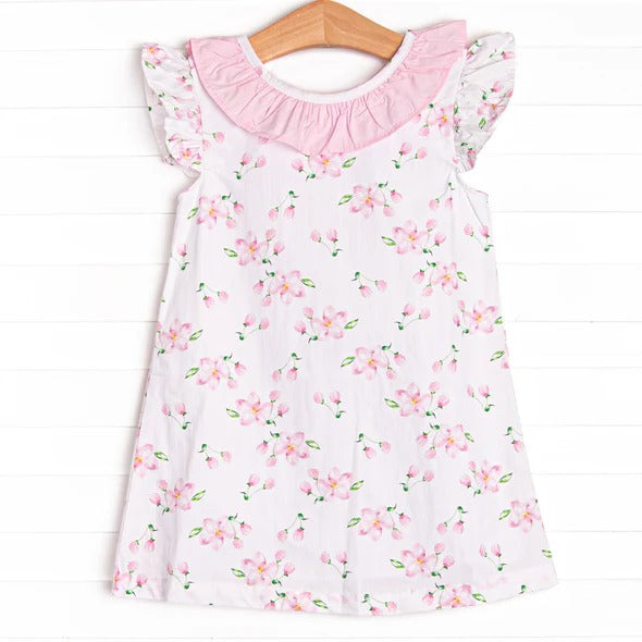 Baby Girls Pink Flowers Flutter Sleeve Ruffle Knee Length Dresses Preorder(moq 5)