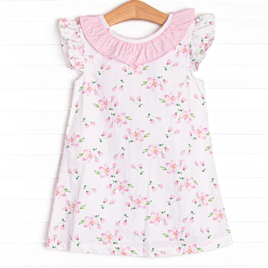 Baby Girls Pink Flowers Flutter Sleeve Ruffle Knee Length Dresses Preorder(moq 5)