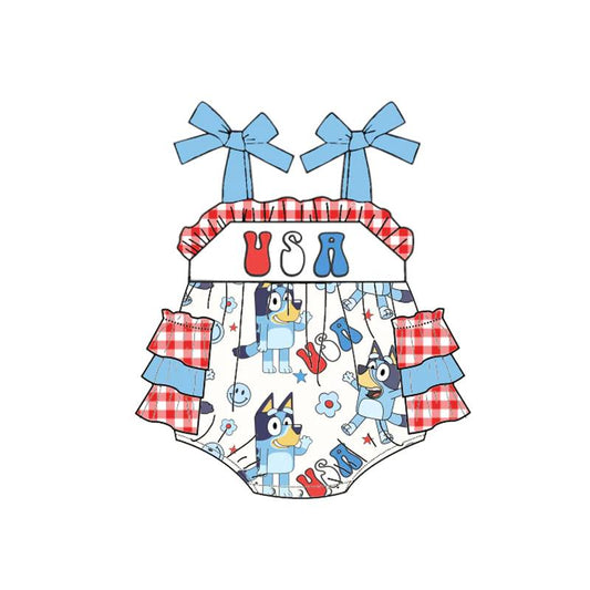 Baby Girls Straps USA Dogs Ruffles Bubbles Rompers preorder(moq 5)