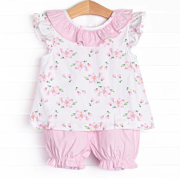 Baby Girls Pink Flowers Flutter Sleeve Tunic Elastic Shorts Clothes Sets Preorder(moq 5)