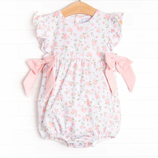 Baby Girls Pink Flowers Flutter Sleeve Bows Rompers preorder(moq 5)