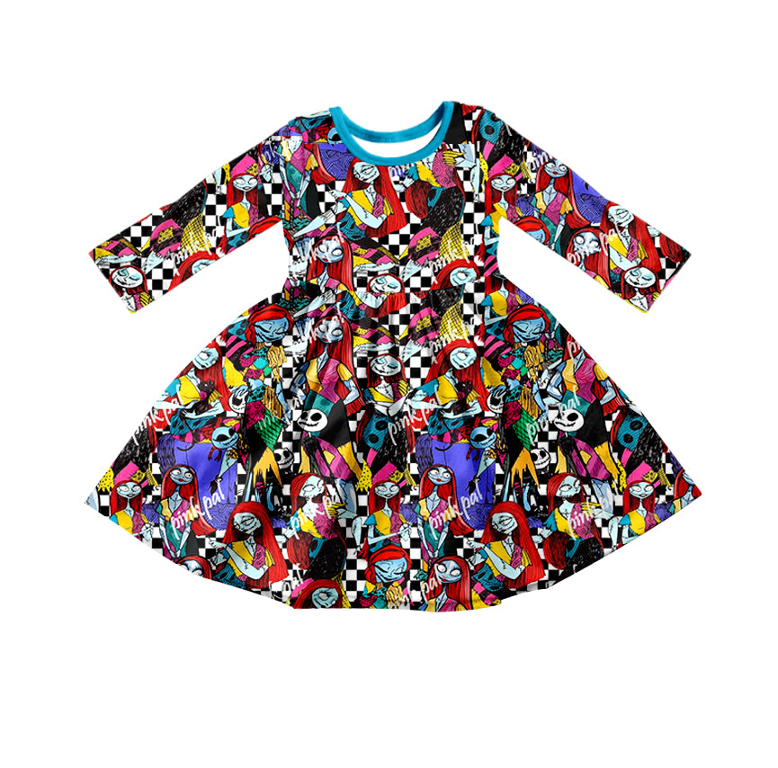 Baby Girls Halloween Blue Nightmare Long Sleeve Twirl Knee Length Dresses Preorder(moq 5)