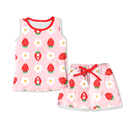 Baby Girls Red Strawberry Sleeveless Shirt Top Shorts Pajamas Clothes Sets Preorder(moq 5)