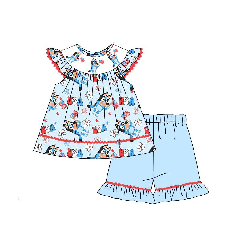Baby Girls Dogs 4th Of July Flutter Sleeve Tunic Ruffle Shorts Clothes Sets Preorder(moq 5)