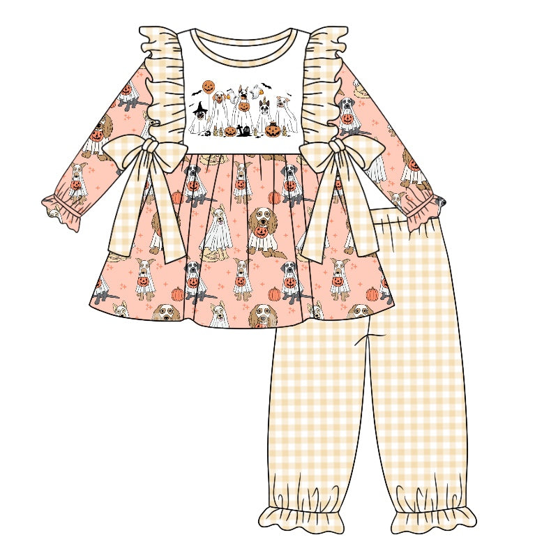 Baby Girls Halloween Dogs Pumpkin Bows Top Pants Clothes Sets Preorder(moq 5)