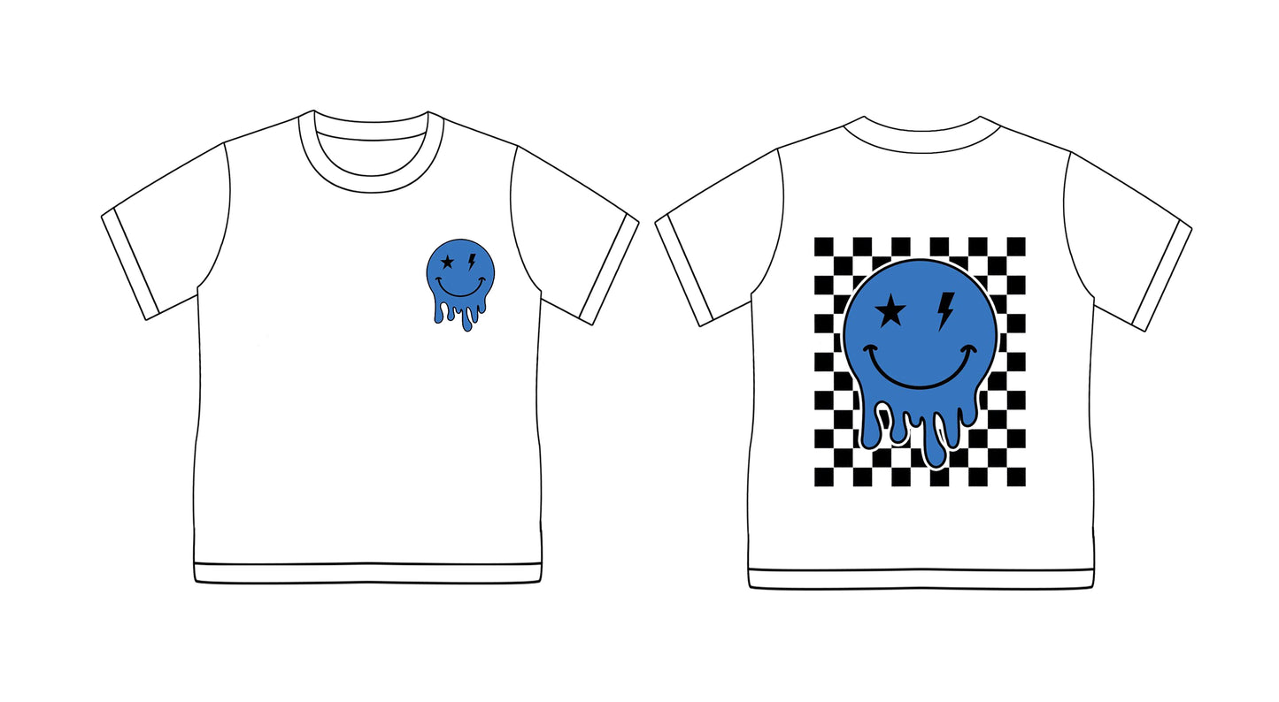 Preorder (moq 5)Baby Boys Blue Smile Checkered Short Sleeve Tee Shirts