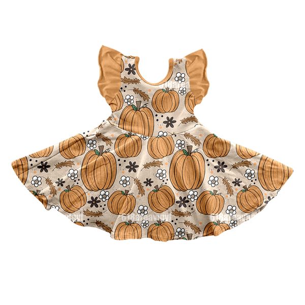 Baby Girls Pumpkin Flutter Sleeve Ruffle Knee Length Dresses Preorder(moq 5)