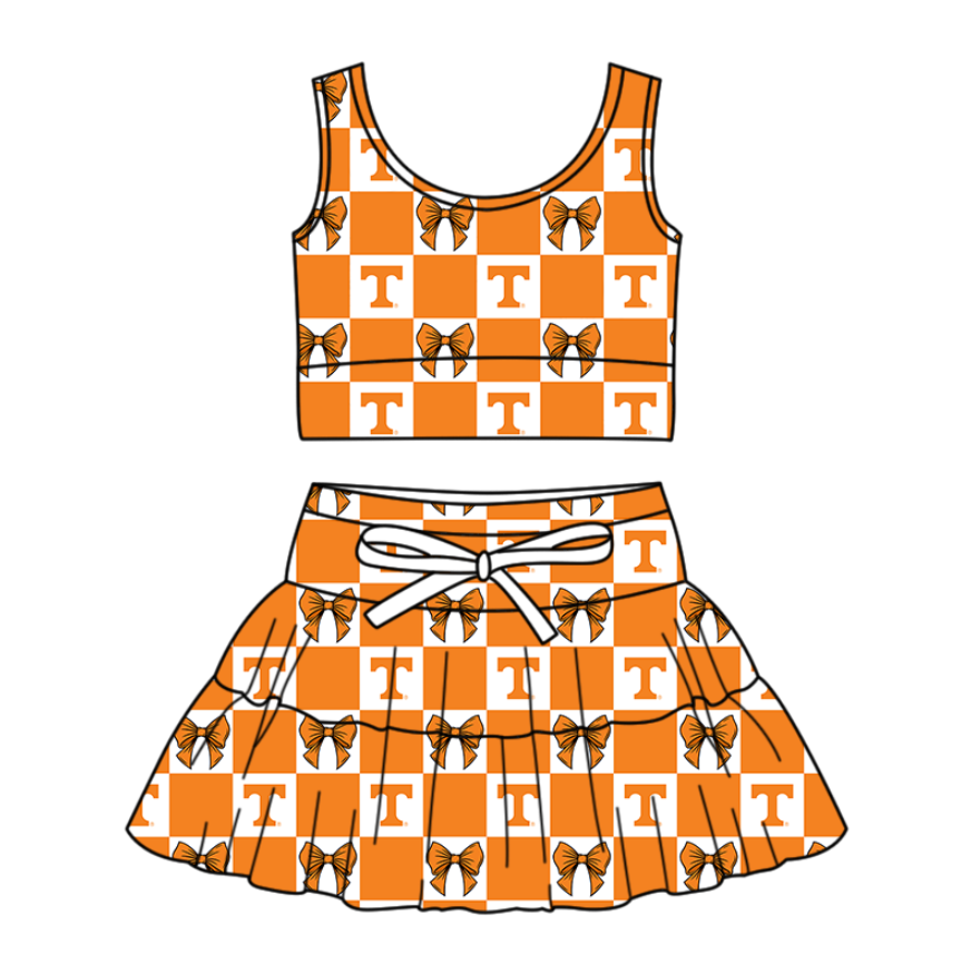 Preorder (moq 5)Baby Girls Orange T Bows Checked Vests Skirt Shorts Team Clothes Sets