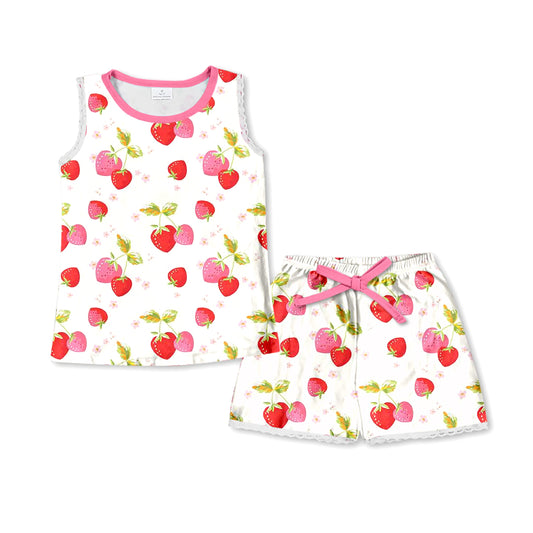 Baby Girls White Red Strawberry Sleeveless Shirt Top Shorts Pajamas Clothes Sets Preorder(moq 5)