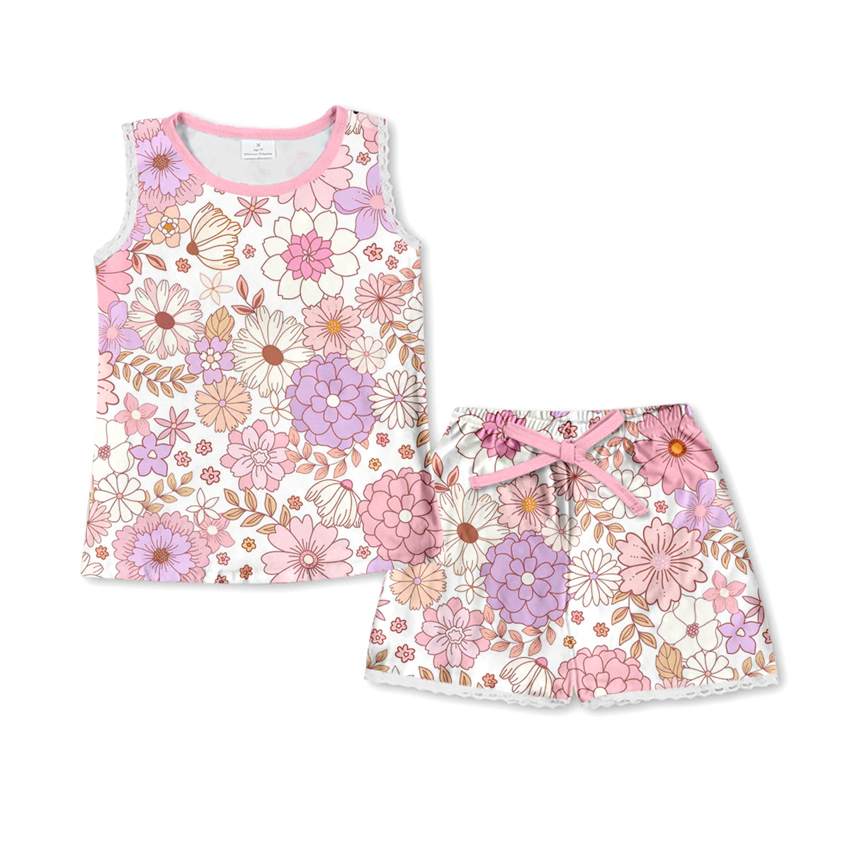 Baby Girls Big Purple Flowers Sleeveless Shirt Top Shorts Pajamas Clothes Sets Preorder(moq 5)