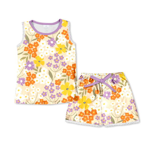 Baby Girls Orange Sleeveless Shirt Top Shorts Pajamas Clothes Sets Preorder(moq 5)