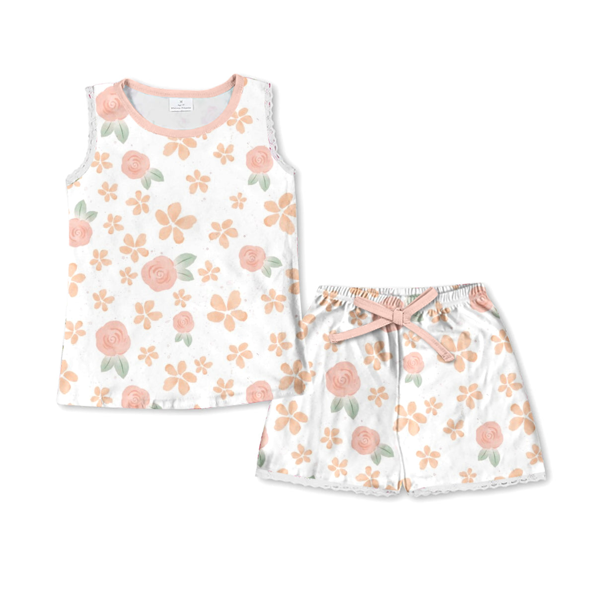 Baby Girls Pink Flowers Sleeveless Shirt Top Shorts Pajamas Clothes Sets Preorder(moq 5)