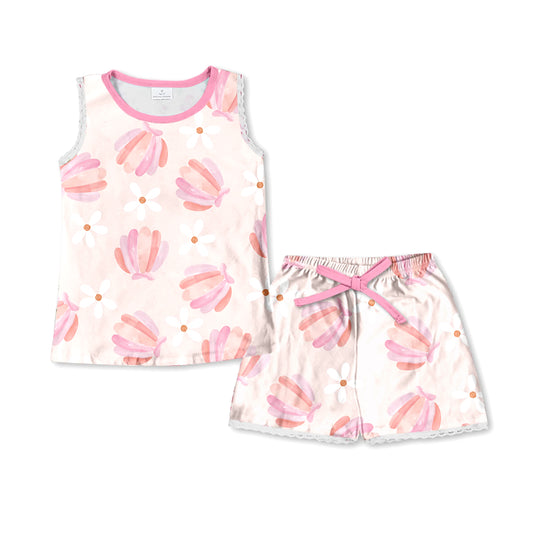 Baby Girls Shells Sleeveless Shirt Top Shorts Pajamas Clothes Sets Preorder(moq 5)