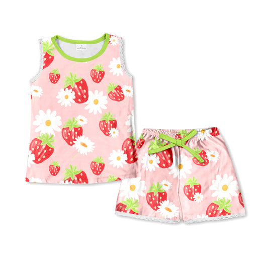 Baby Girls Strawberry Sleeveless Shirt Top Shorts Pajamas Clothes Sets Preorder(moq 5)