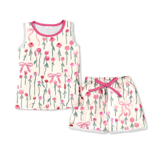 Baby Girls Bows Flowers Sleeveless Shirt Top Shorts Pajamas Clothes Sets Preorder(moq 5)