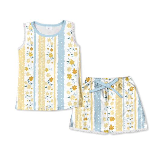 Baby Girls Blue Mustard Flowers Sleeveless Shirt Top Shorts Pajamas Clothes Sets Preorder(moq 5)