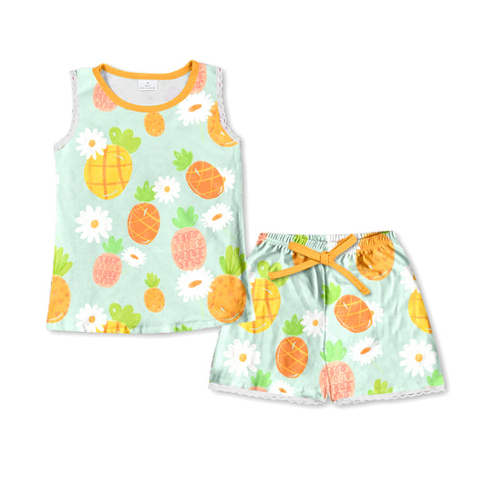 Baby Girls Pineapple Sleeveless Shirt Top Shorts Pajamas Clothes Sets Preorder(moq 5)