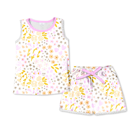 Baby Girls Flowers Pink Sleeveless Shirt Top Shorts Pajamas Clothes Sets Preorder(moq 5)