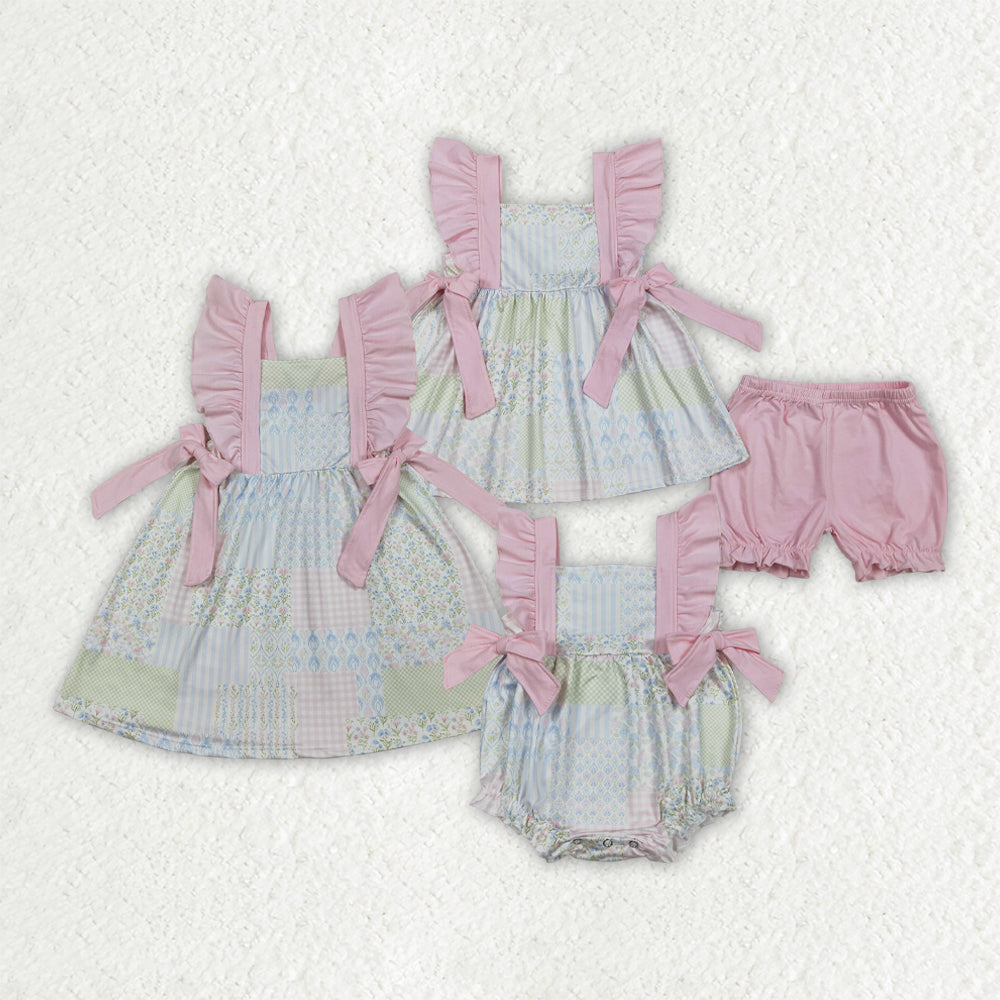 Sibling Baby Girls Flowers Checked Tunic Ruffle Shorts Clothes Set Knee Length Dress Rompers