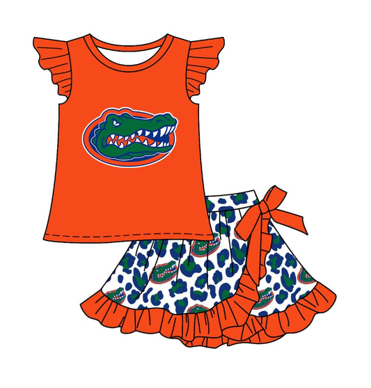 Preorder (moq 5)Baby Girls Crocodile Team Top Ruffle Leopard Skort Shorts Clothes Sets
